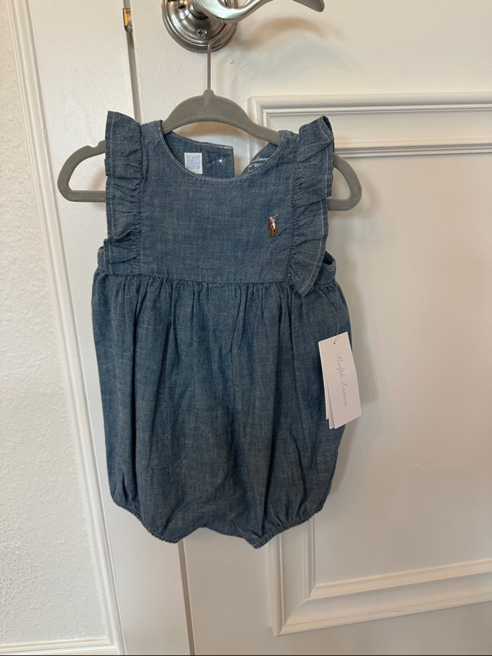 Ralph Lauren Chambray Ruffle Bubble Romper - Denim Blue NWT